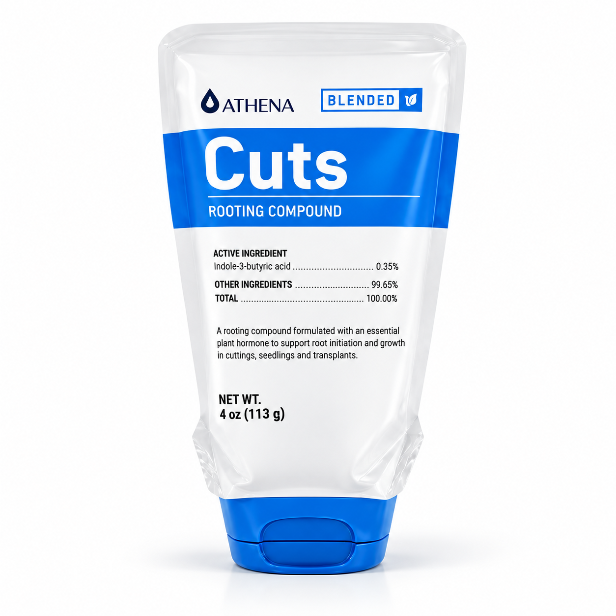A 4 oz squeeze tube of Athena Blended Cuts Rooting Compound, featuring a white and blue design on a clean white background.
