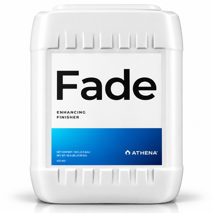 5 Gallon jerry can of Athena Fade Enhancing Finisher, featuring a white label with black 'Fade' text and a blue band at the bottom.