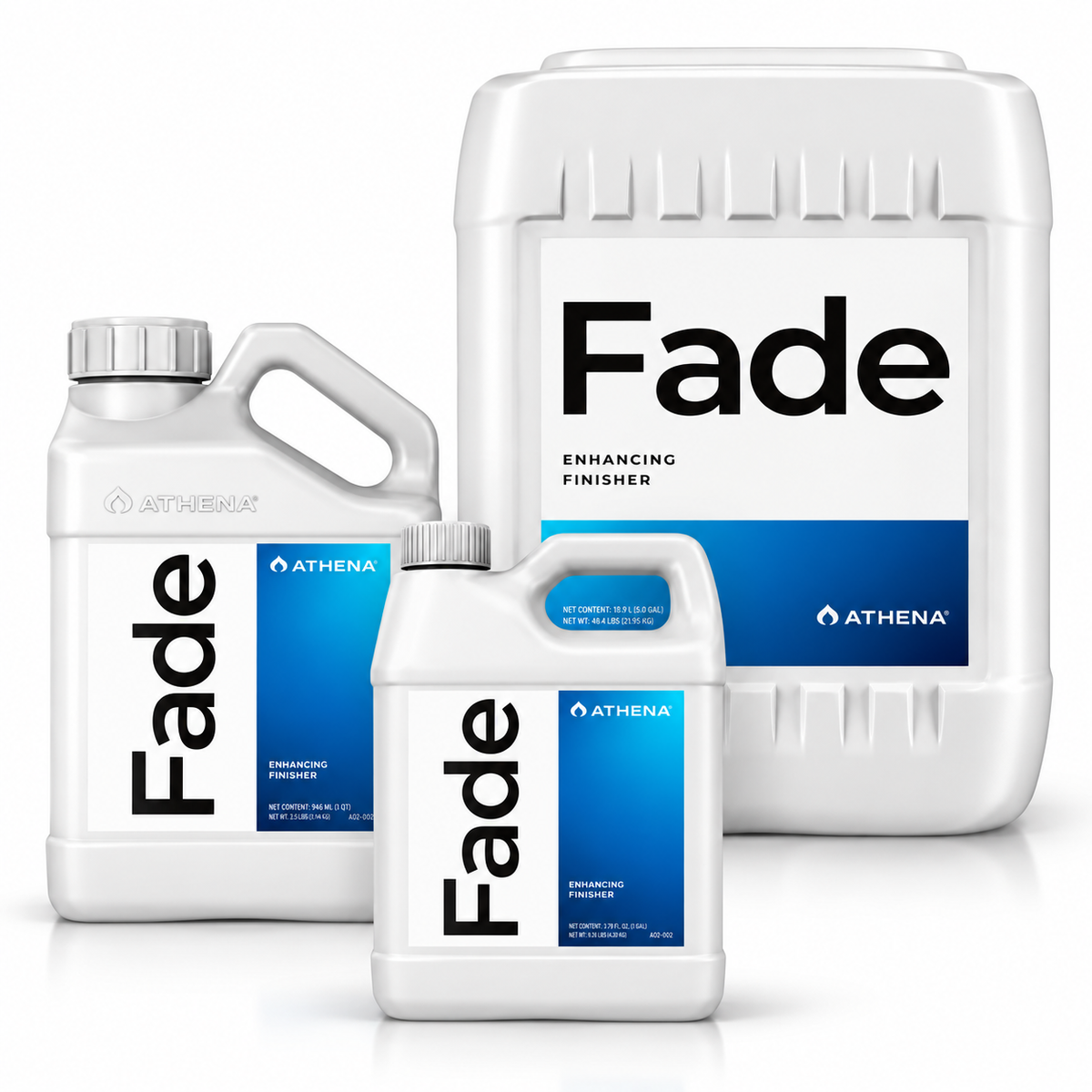 All sizes of Athena Fade Enhancing Finisher with a white cap and a blue and white label, shown on a clean white background.