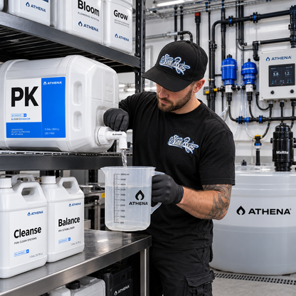 Athena PK Bloom Enhancer 5 Gallon being measured in a professional nutrient mixing room