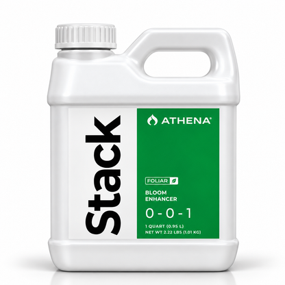 A white plastic 1 QUART bottle of Athena Stack Foliar Bloom Enhancer 0-0-1, featuring a green label with white text and a black vertical 'Stack' logo, on a white background.