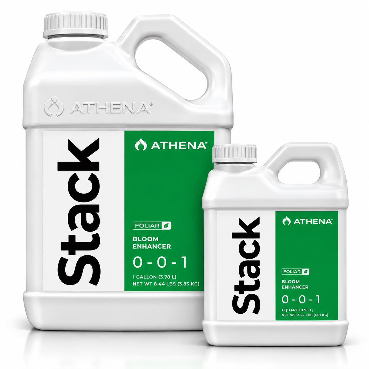 Two white plastic jugs of Athena Stack Foliar Bloom Enhancer 0-0-1 liquid fertilizer, one 5-gallon container and one 1-gallon container, shown on a white background.
