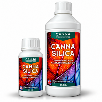 CANNA Silica 250ml and 1L plant nutrient supplement bottles with 5% SiO2 and nanotechnology formula