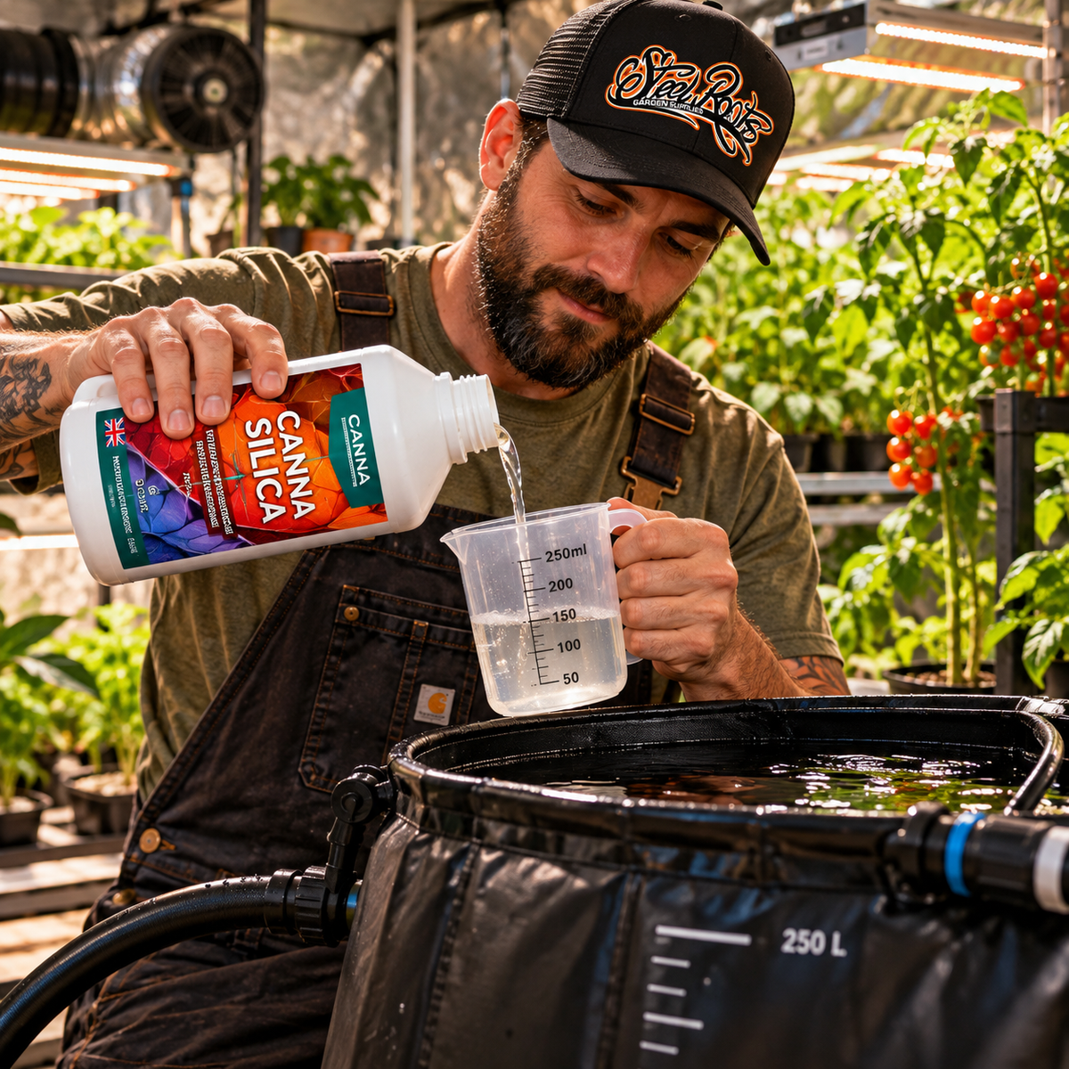 Hobby grower measuring CANNA Silica into a 250ml jug beside a 250L hydroponic reservoir