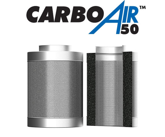 A collection of CarboAir 50 carbon filters in various sizes for hydroponic grow room odour filtration.