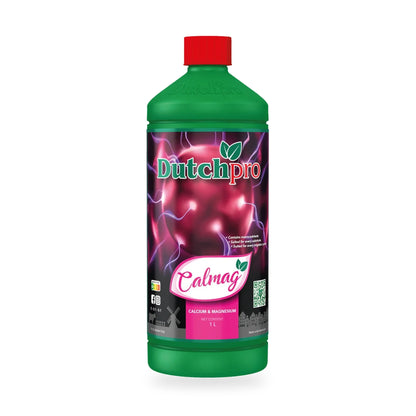 A 1-liter green plastic bottle of Dutchpro Calmng Calcium and Magnesium supplement with a red cap, set against a plain white background.