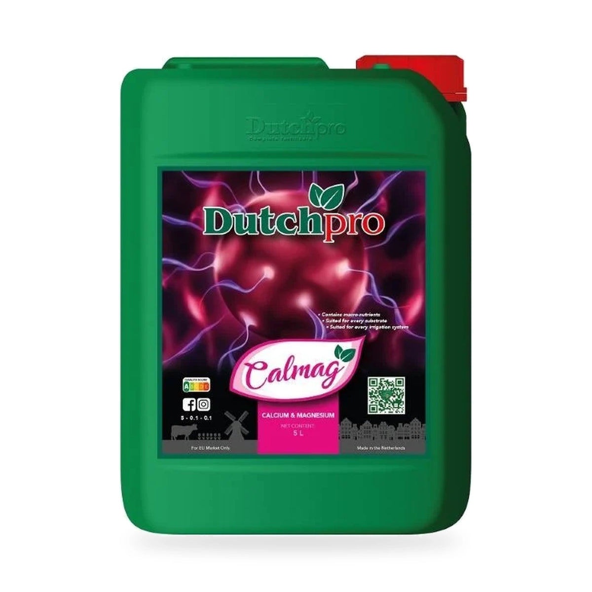 A green plastic jerrycan of Dutchpro Calmag Calcium & Magnesium fertilizer, featuring a red cap and a colorful label with purple and pink graphics.