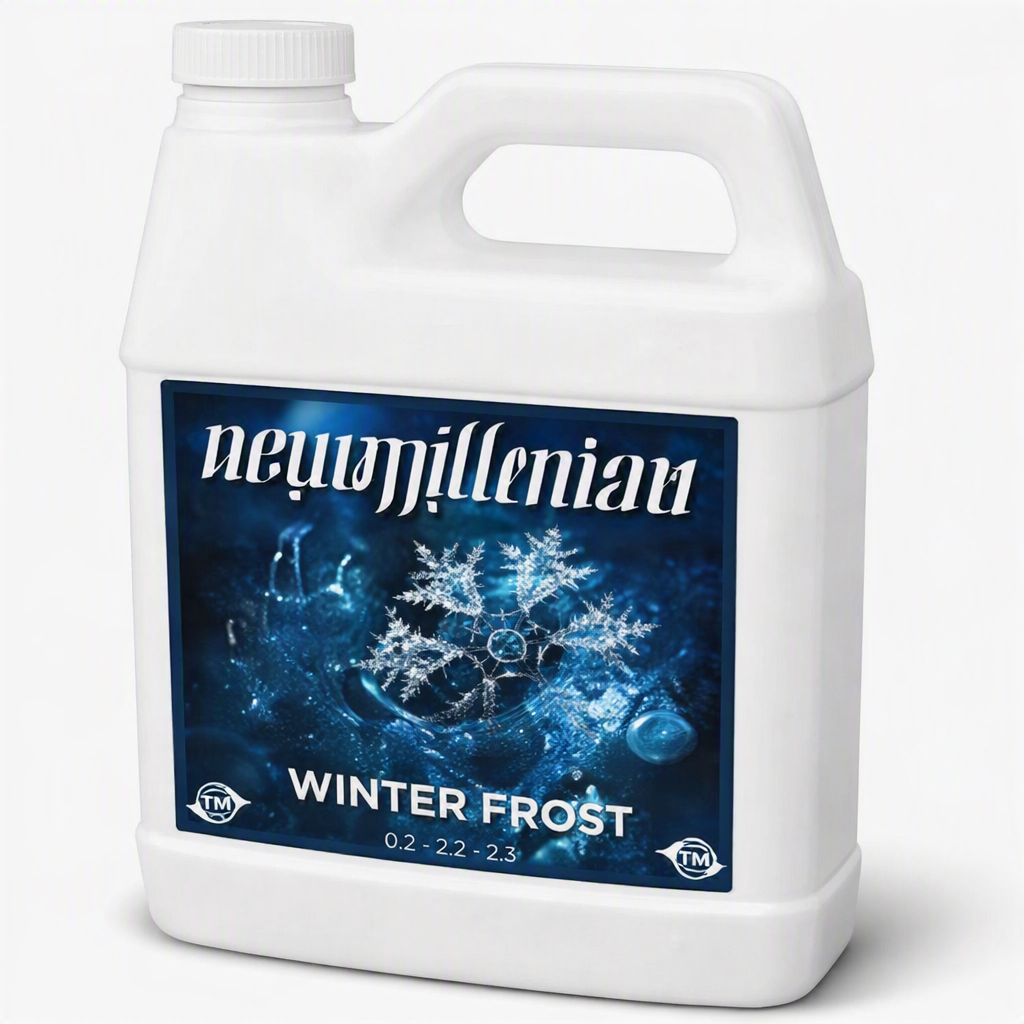 A rugged, white plastic 1-quart jug of New Millennium Winter Frost fertilizer. The container features an integrated top handle, a ribbed white cap, and a large central label. The label has a dark blue background showcasing highly detailed, icy blue and silver glowing snowflake crystals underneath stylized, symmetry-mapped 'New Millennium' branding text at the top, with 'WINTER FROST' and the NPK ratio '0.2 - 2.2 - 2.3' cleanly printed at the bottom