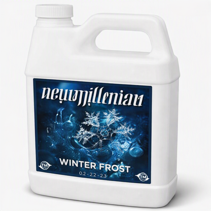 A rugged, white plastic 1-quart jug of New Millennium Winter Frost fertilizer. The container features an integrated top handle, a ribbed white cap, and a large central label. The label has a dark blue background showcasing highly detailed, icy blue and silver glowing snowflake crystals underneath stylized, symmetry-mapped 'New Millennium' branding text at the top, with 'WINTER FROST' and the NPK ratio '0.2 - 2.2 - 2.3' cleanly printed at the bottom