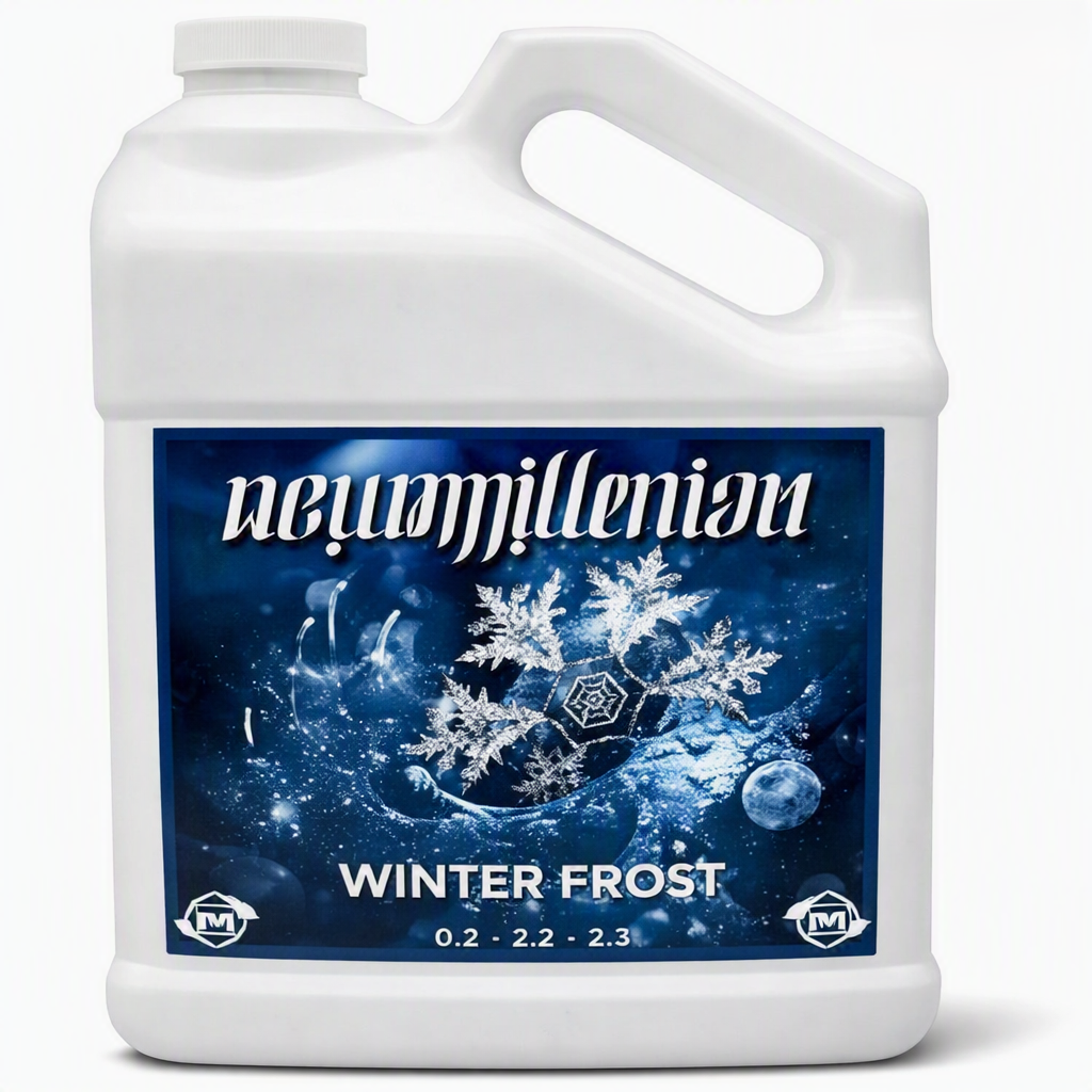A wide, heavy-duty white plastic 1-gallon jug of New Millennium Winter Frost ripening solution. The jug is equipped with an ergonomic angled pour handle and a secure white screw cap. The large front label mirrors the signature dark blue winter aesthetic, highlighting an oversized, illuminated ice crystal cluster directly beneath the prominent gothic-style 'New Millennium' logo text