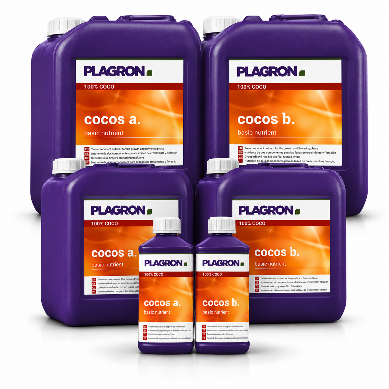 Plagron Cocos A & B nutrient sets in 1L, 5L and 10L sizes for coco growing
