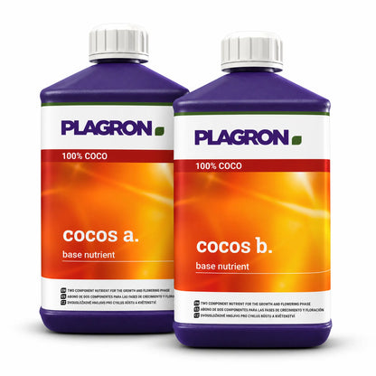 Two plastic bottles of Plagron Coco A and Coco B base nutrient with purple caps and labels, shown on a white background.