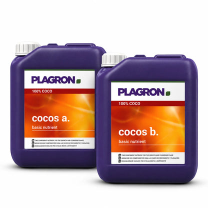 Two purple plastic jugs of Plagron Coco basic nutrient, labeled 'cocos a.' and 'cocos b.', on a clean white background.