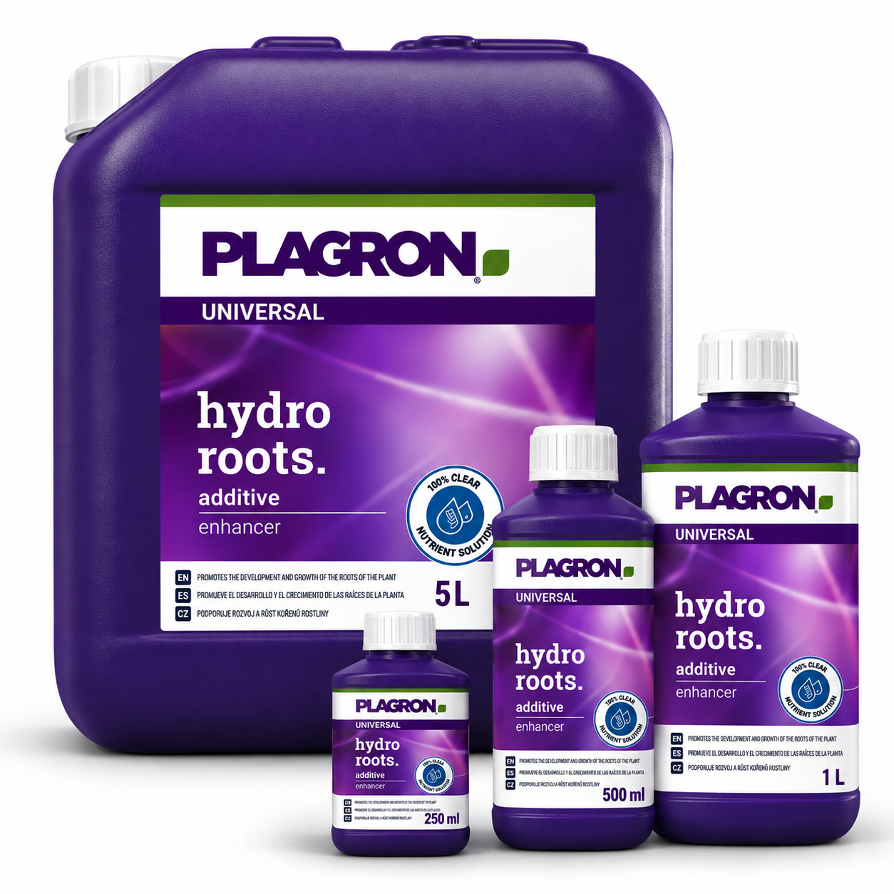 Plagron Hydro Roots root additive family range in 250ml, 500ml, 1L and 5L sizes