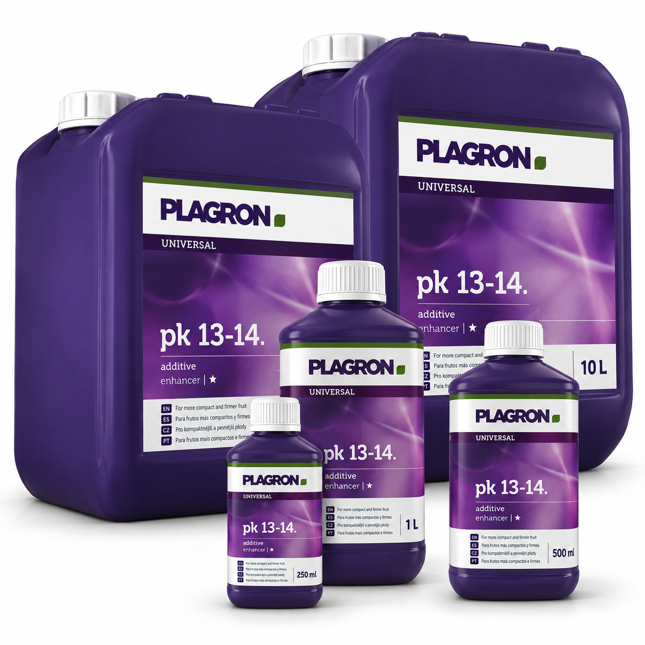 Plagron PK 13-14 additive range in 250ml, 500ml, 1L, 5L and 10L sizes
