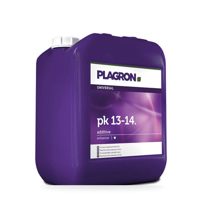 A 5 litre bottle of Plagron Universal pk 13-14 additive fertilizer, featuring a purple label and a white cap, set against a plain white background.