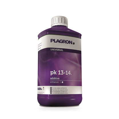 A 500ml bottle of Plagron Universal pk 13-14 additive fertilizer, featuring a purple label and a white cap, set against a plain white background.
