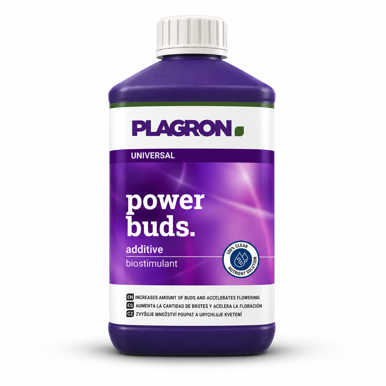 Plagron Power Buds 1 litre purple bottle with white cap on a white background.