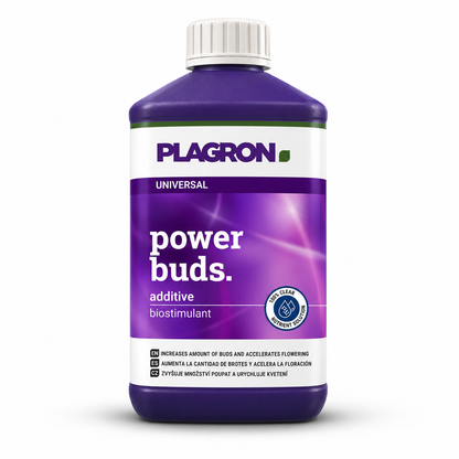 Plagron Power Buds 1 litre purple bottle with white cap on a white background.