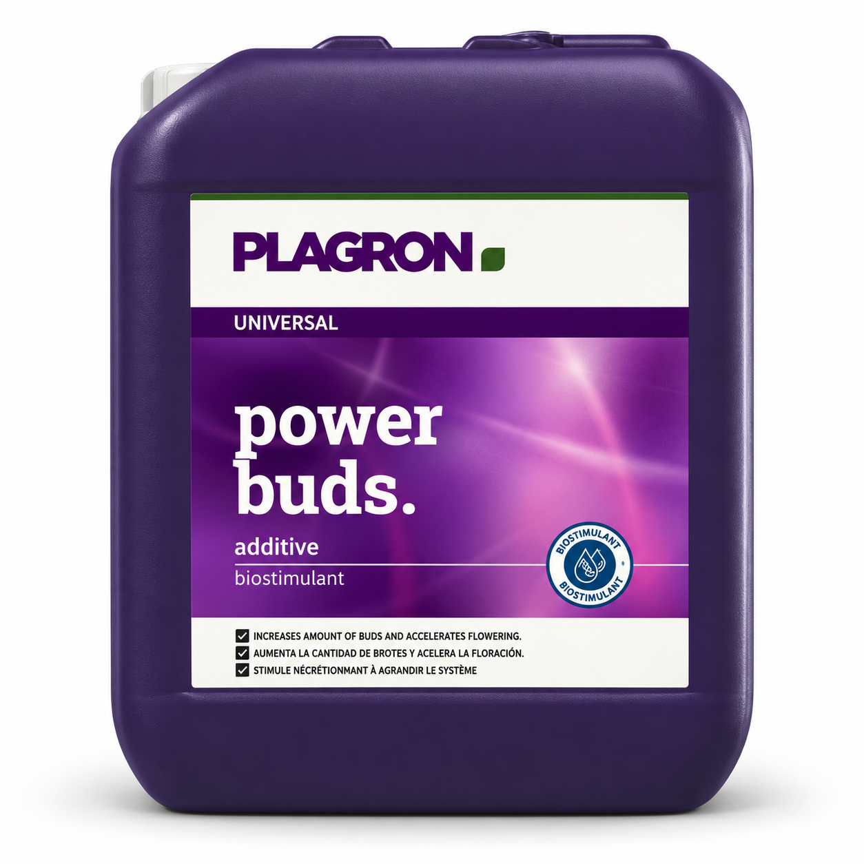 Plagron Power Buds 10 litre purple jerrycan with purple product label on a white background