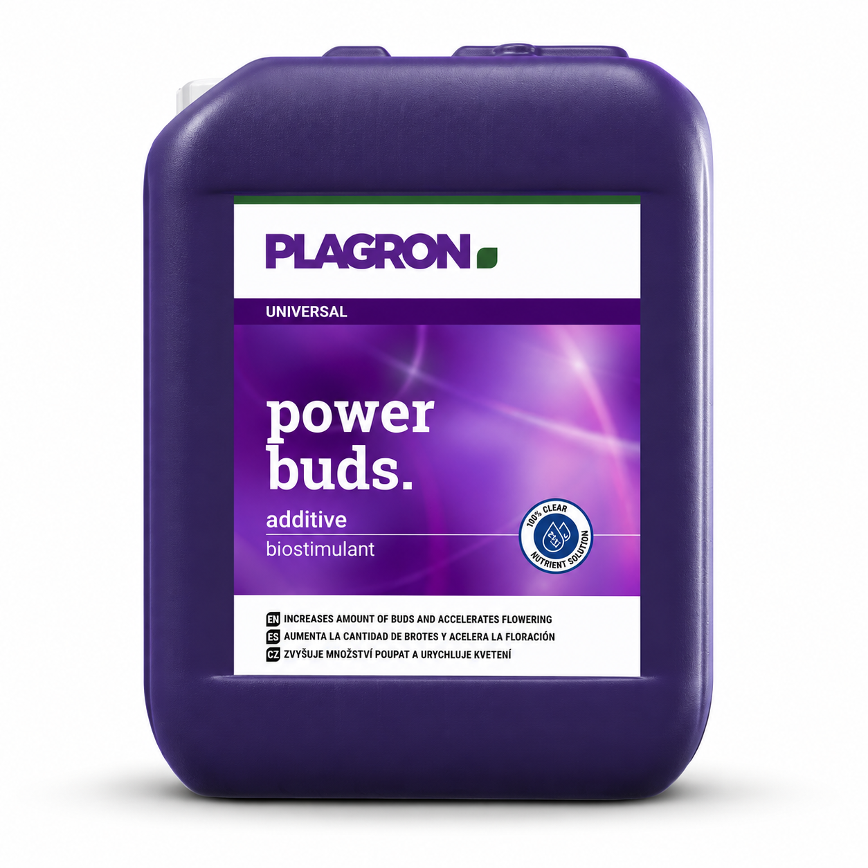 Plagron Power Buds 20 litre purple jerrycan on a white background.