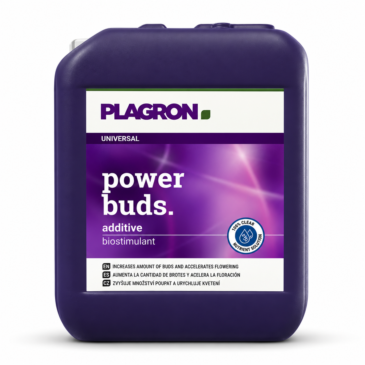 Plagron Power Buds 5 litre purple jerrycan on a white background