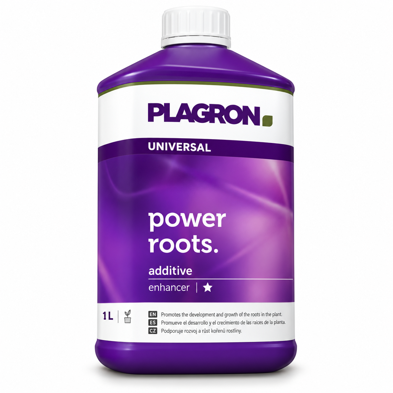 Plagron Power Roots 1 litre purple bottle with white cap on a white background.