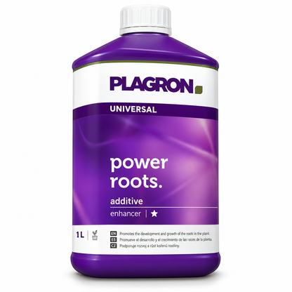 Plagron Power Roots 1 litre purple bottle with white cap on a white background.
