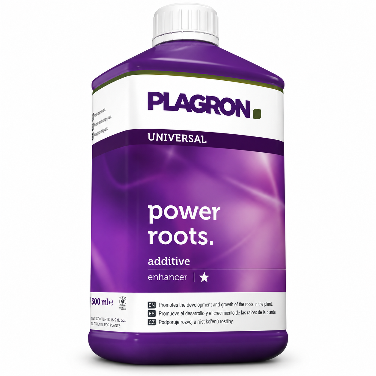 Plagron Power Roots 500 ml purple bottle with white cap on a white background.