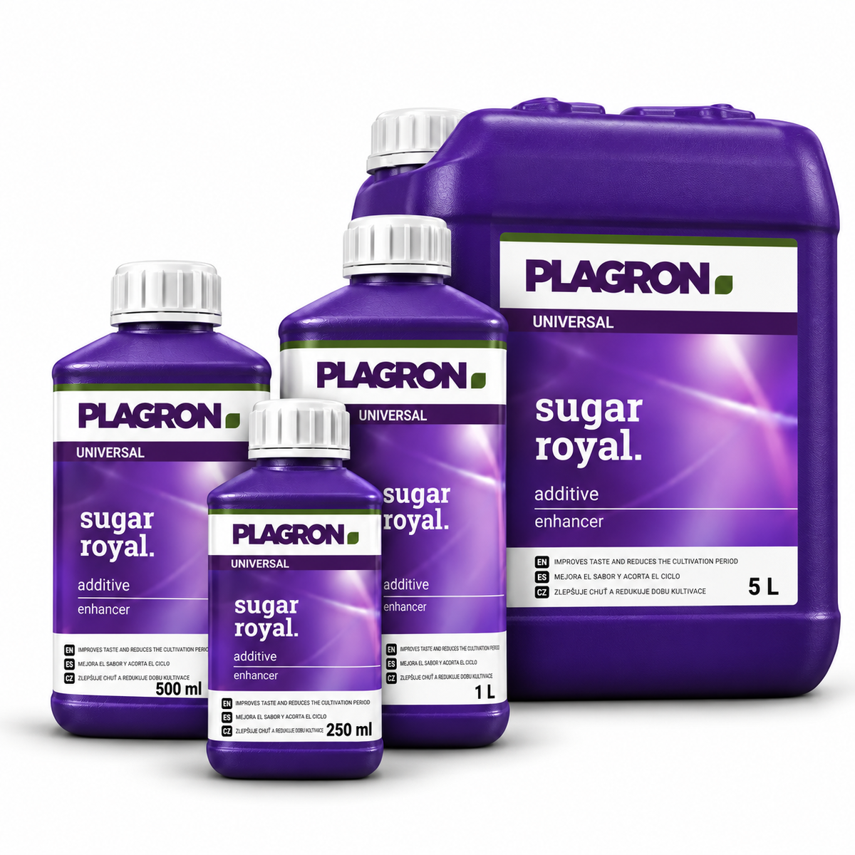 Plagron Sugar Royal 250 ml, 500 ml and 1 litre bottles alongside the 5 litre purple jerrycan on a white background.
