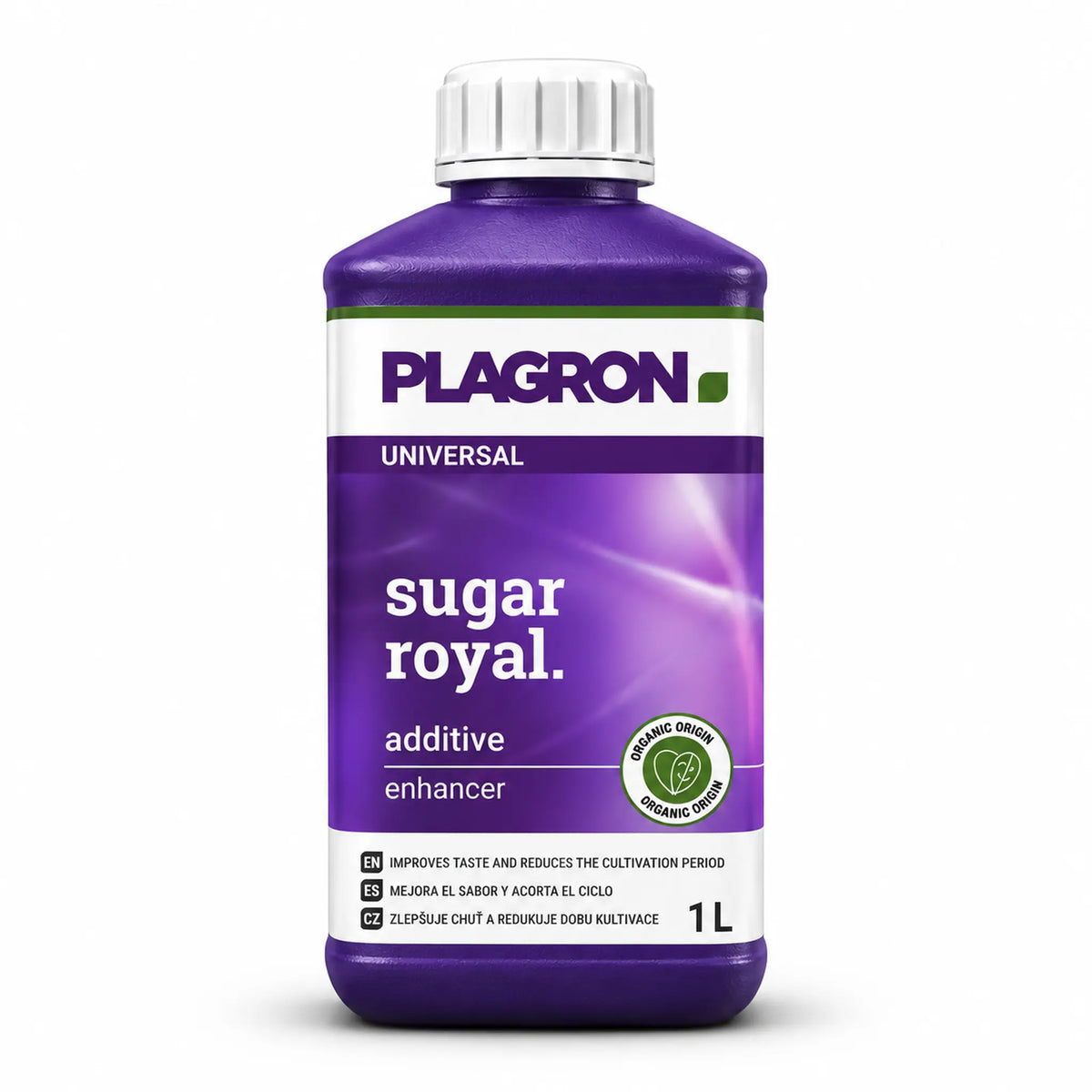 A 1-liter bottle of Plagron Universal Sugar Royal additive enhancer, featuring a purple label and white cap on a clean white background.