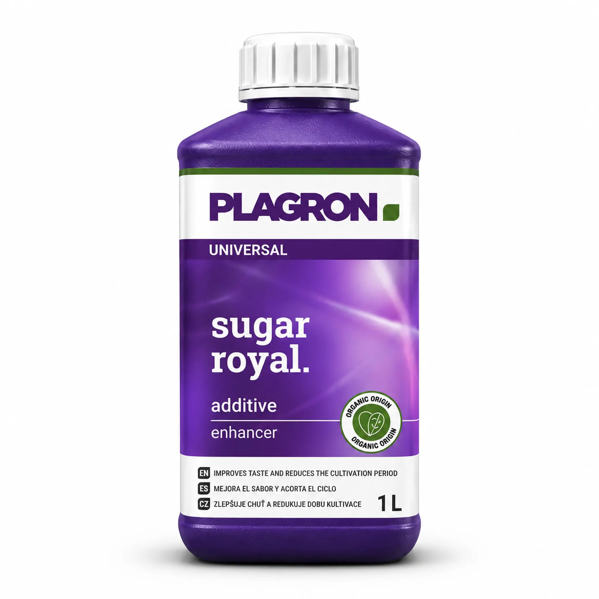 A 1-liter bottle of Plagron Universal Sugar Royal additive enhancer, featuring a purple label and white cap on a clean white background.