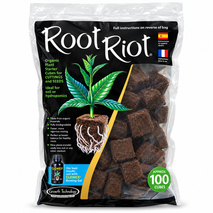Root Riot Organic Plant Starter Cube for Seedlings and Cuttings in a clear plastic bag with a black printed label, showing brown cube blocks and a green plant illustration.