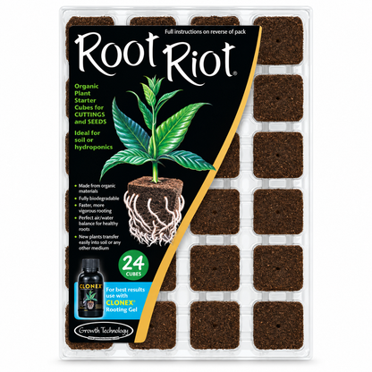Root Riot Organic Plant Starter Cubes in a clear plastic tray with 24 dark brown cube blocks and a large black front label featuring a green plant illustration and product details.