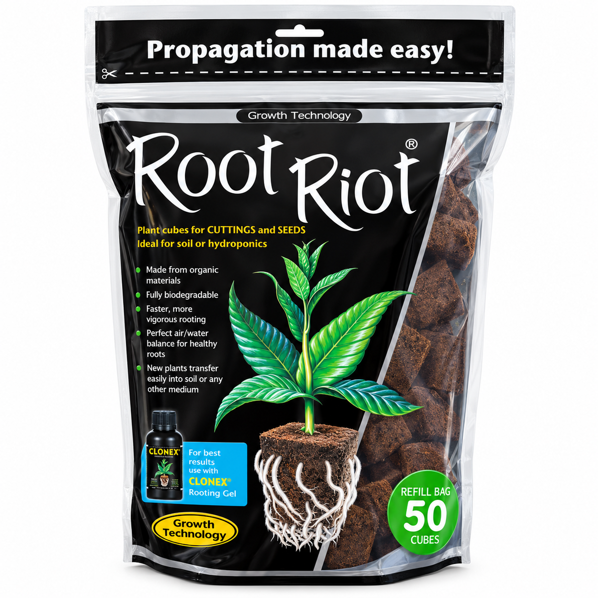 A bag of Root Riot propagation cubes, 50 count refill bag, featuring a black background with a green plant illustration and a small bottle of Clomox 1000 rooting gel.
