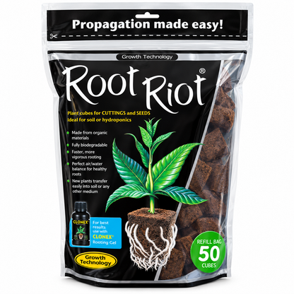 A bag of Root Riot propagation cubes, 50 count refill bag, featuring a black background with a green plant illustration and a small bottle of Clomox 1000 rooting gel.