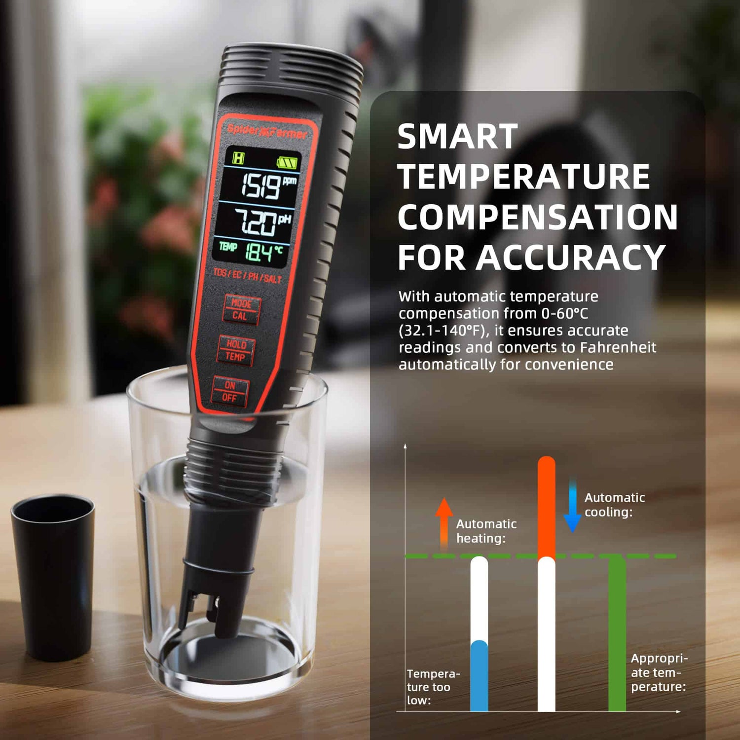Digital ph meter with smart temperature compensation feature in a glass container on a wooden surface.