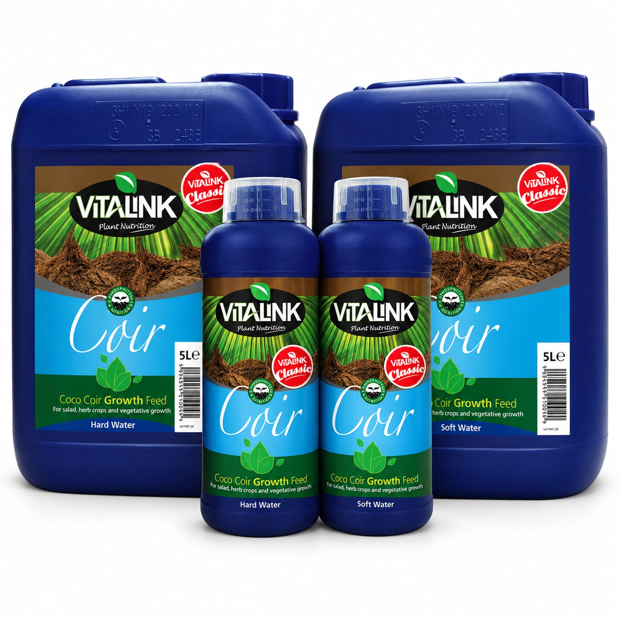 Three blue Vitalink Coco Coir Growth Feed containers of 5L sizes arranged on a white background, including two large jugs and two smaller bottles.