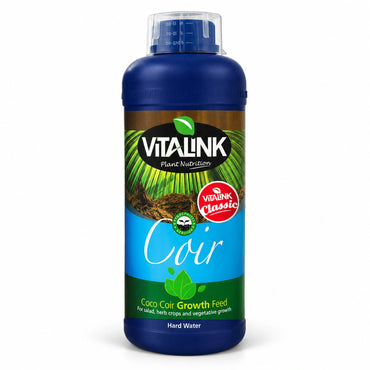 A bottle of Vitalink Classic Coir Coco Coir Growth Feed for hard water plants, featuring a blue bottle with a green and brown label, on a white background.