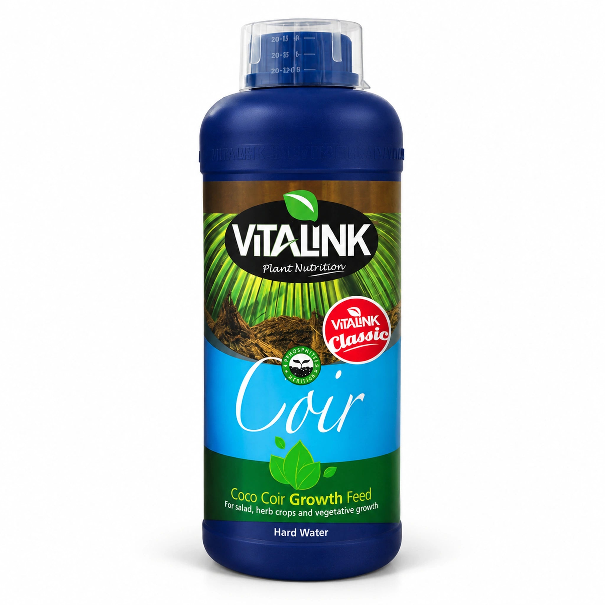 A bottle of Vitalink Classic Coir Coco Coir Growth Feed for hard water plants, featuring a blue bottle with a green and brown label, on a white background.