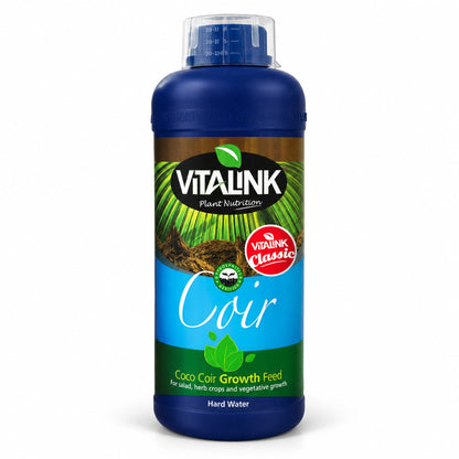 A bottle of Vitalink Classic Coir Coco Coir Growth Feed for hard water plants, featuring a blue bottle with a green and brown label, on a white background.