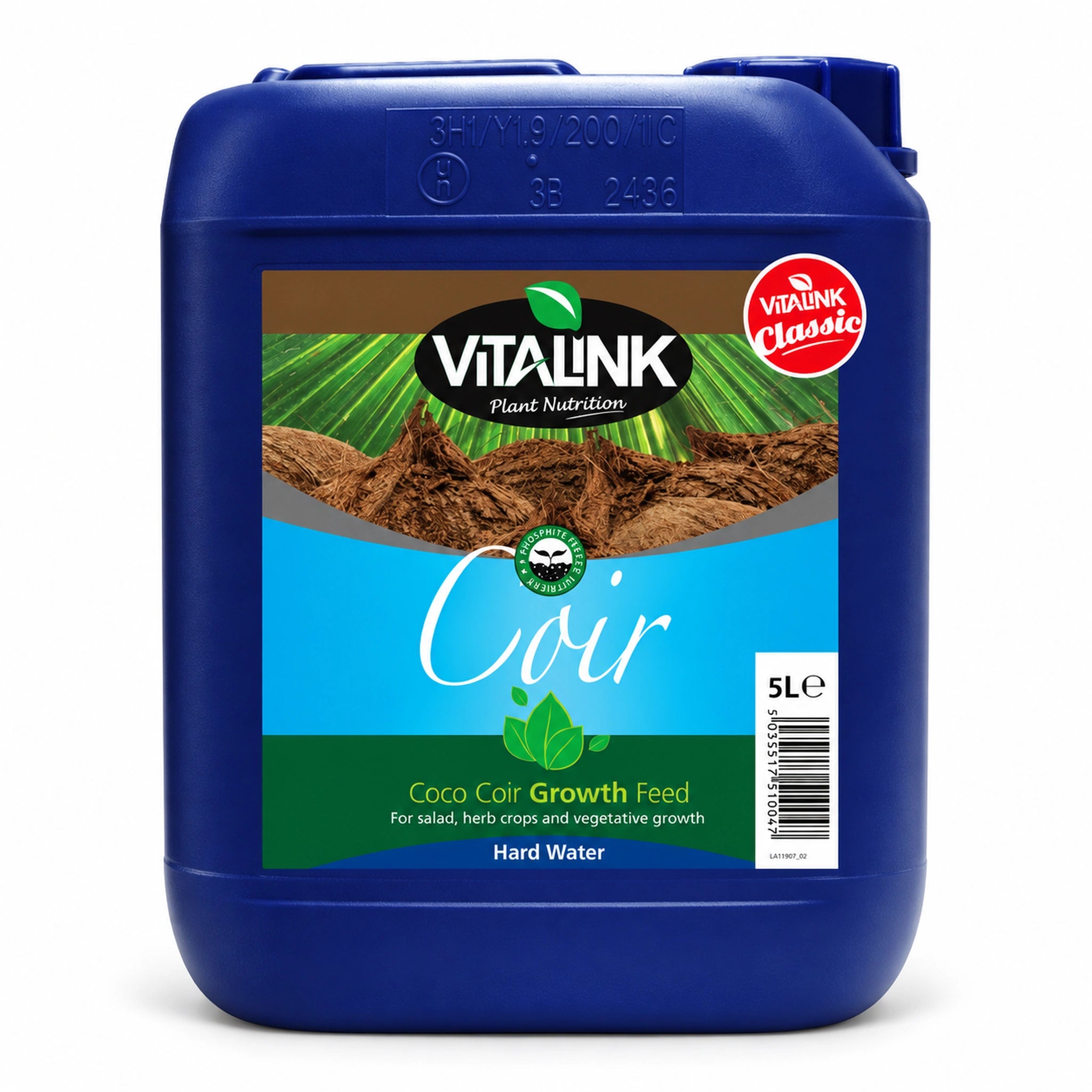 VitaLink Coir Classic Grow Hard Water nutrient in a 5 litre blue jerrycan.