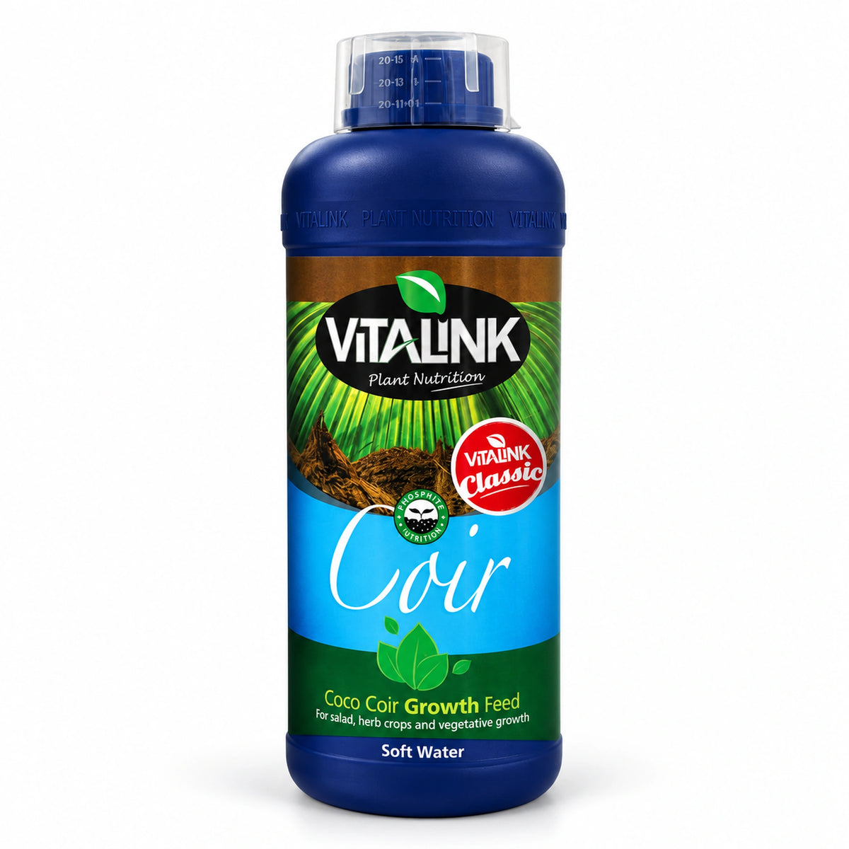 A bottle of Vitalink Classic Coir Coco Coir Growth Feed for soft water plants, featuring a blue bottle with a green and brown label.