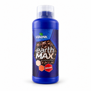 A bottle of VITAUNK Earth Max soil supplement for bloom, featuring a blue bottle with a clear cap and a label showing soil texture and colorful hexagonal accents.