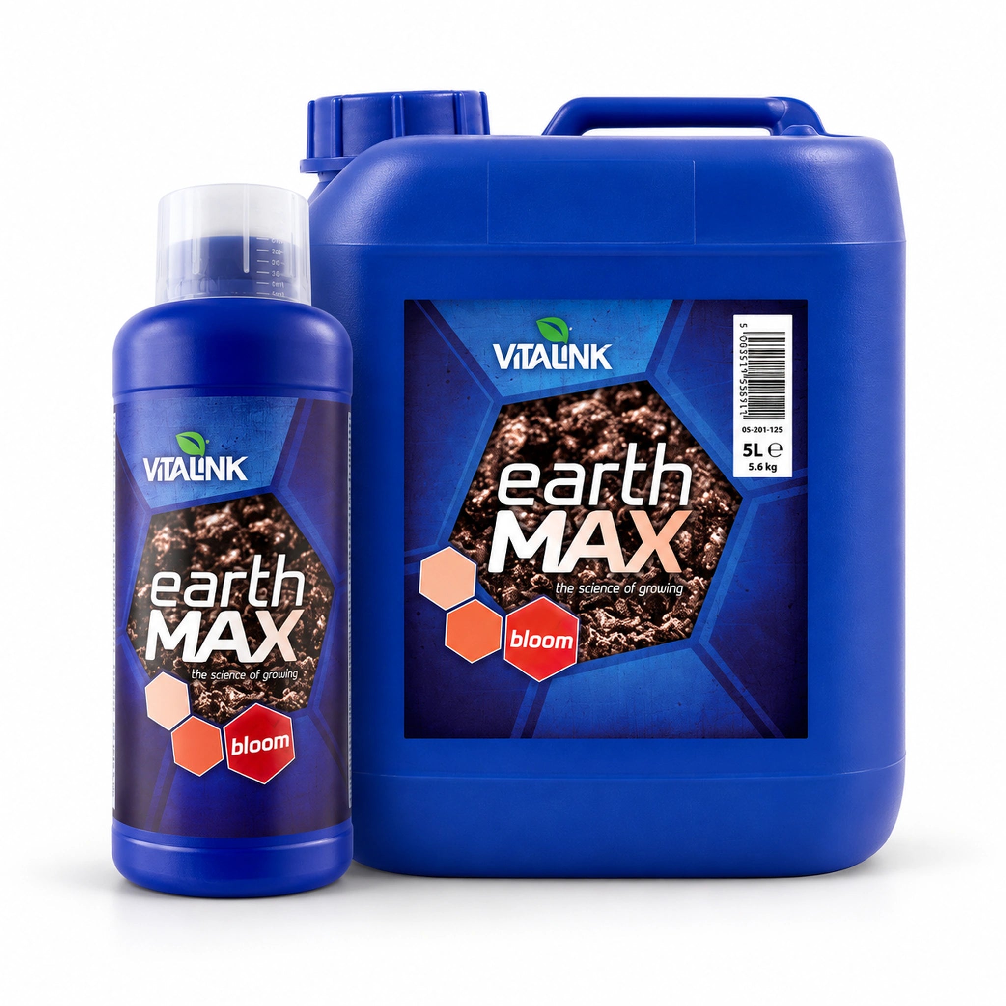 Two blue Vitalink earth MAX liquid plant nutrients containers on a white background: a 5L bottle in front of a 50L jerrycan. Both feature a label with a soil texture graphic and blue, white, and orange branding.