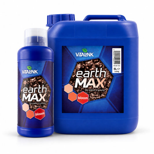 Two blue Vitalink earth MAX liquid plant nutrients containers on a white background: a 5L bottle in front of a 50L jerrycan. Both feature a label with a soil texture graphic and blue, white, and orange branding.