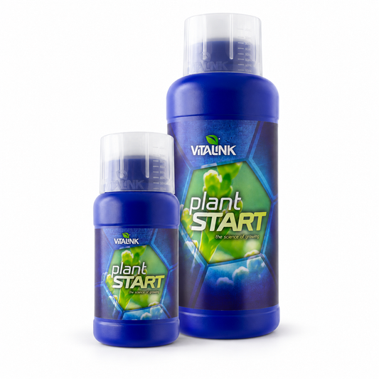 Two blue Vitalink Plant Start liquid fertilizer bottles, one small and one large, with clear caps, shown on a white background.