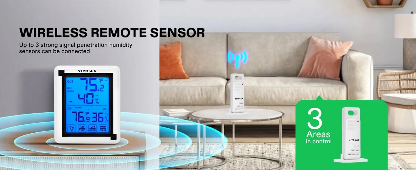Vivosun Wireless Thermometer Hygrometer | Remote Humidity Monitor with 3 Sensors