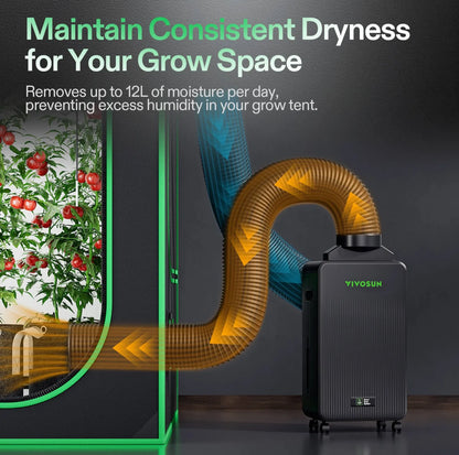 Vivosun AeroDrain D12 Intelligent Grow Tent Dehumidifier Full Kit | 12L/Day Moisture Extractor with Smart VPD Sensor Probe, Ducting & Custom Air Hoods