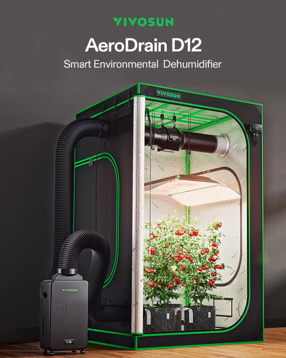 Vivosun AeroDrain D12 Intelligent Grow Tent Dehumidifier Full Kit | 12L/Day Moisture Extractor with Smart VPD Sensor Probe, Ducting & Custom Air Hoods